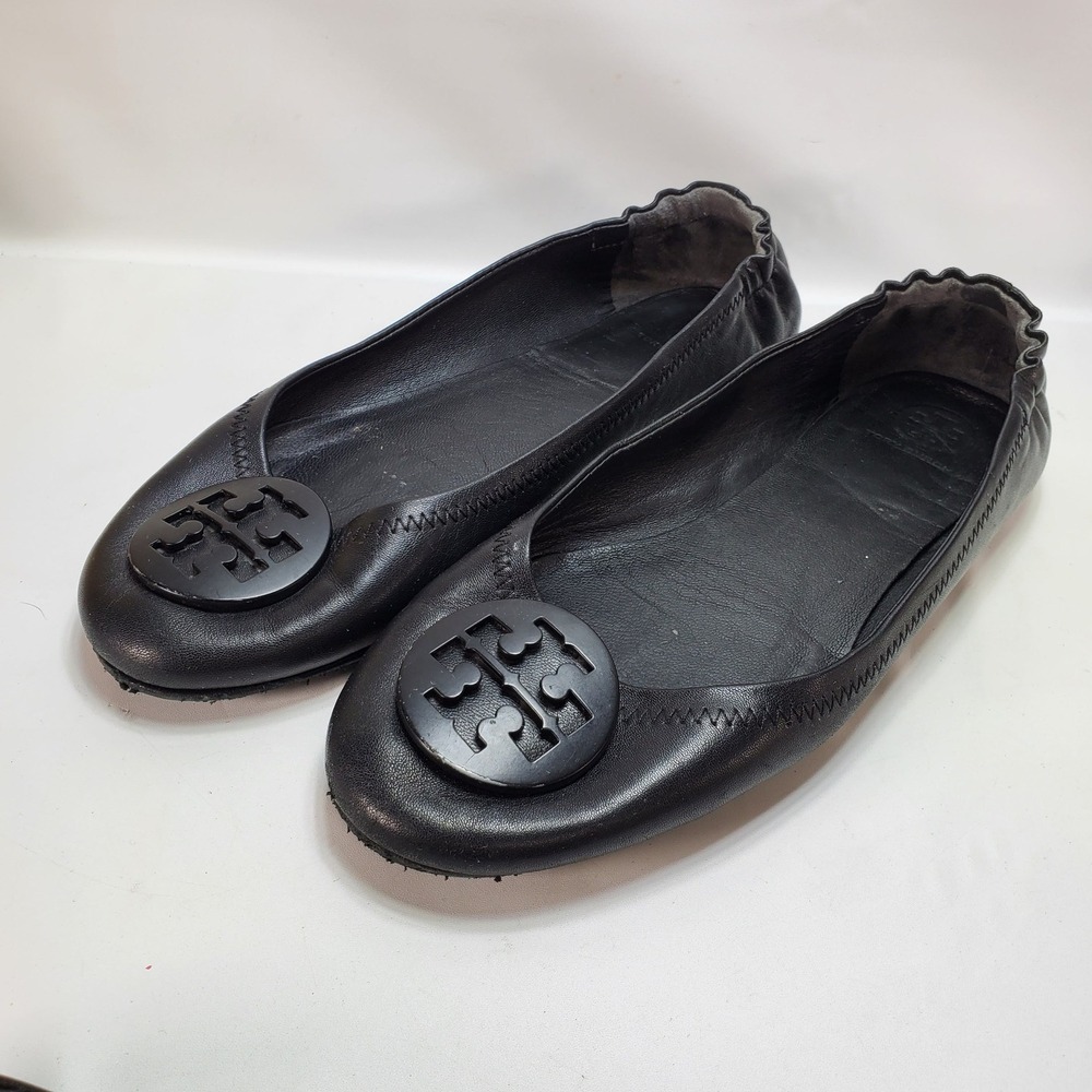 Tory Burch Minnie Travel Ballet Flats Women 8.5 Black Leather Logo Medallion